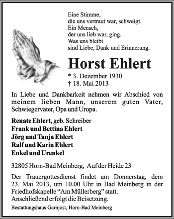 Anzeige  Horst Ehlert  Lippische Landes-Zeitung