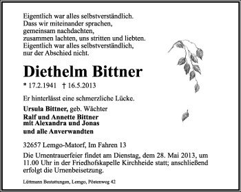 Anzeige  Diethelm Bittner  Lippische Landes-Zeitung