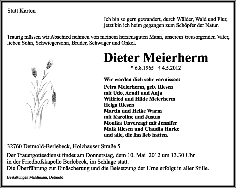  Traueranzeige für Dieter Meierherm vom 08.05.2012 aus Lippische Landes-Zeitung
