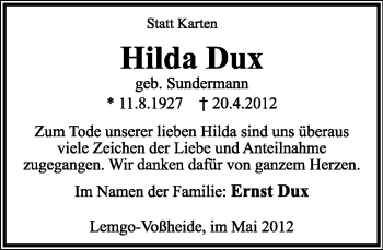 Anzeige  Hilda Dux  Lippische Landes-Zeitung
