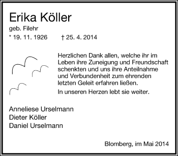 Anzeige  Erika Köller  Lippische Landes-Zeitung