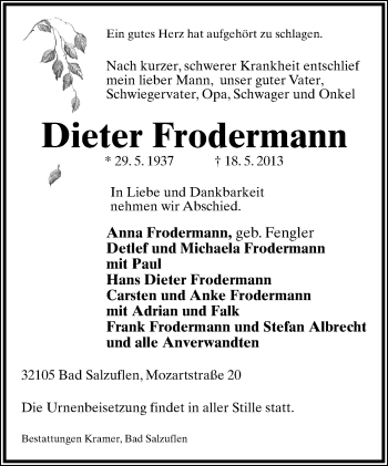 Anzeige  Dieter Frodermann  Lippische Landes-Zeitung
