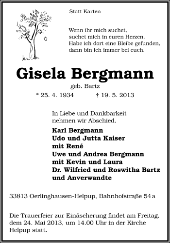 Anzeige  Gisela Bergmann  Lippische Landes-Zeitung