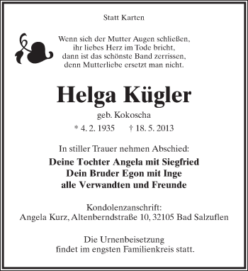 Anzeige  Helga Kügler  Lippische Landes-Zeitung
