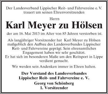 Anzeige  Karl Meyer zu Hölsen  Lippische Landes-Zeitung