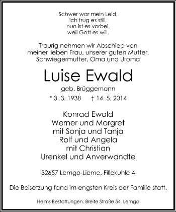 Anzeige  Luise Ewald  Lippische Landes-Zeitung