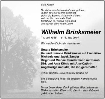 Anzeige  Wilhelm Brinksmeier  Lippische Landes-Zeitung