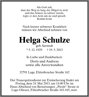 Anzeige  Helga Schulze  Lippische Landes-Zeitung