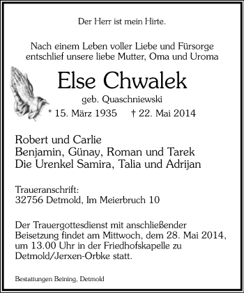 Anzeige  Else Chwalek  Lippische Landes-Zeitung
