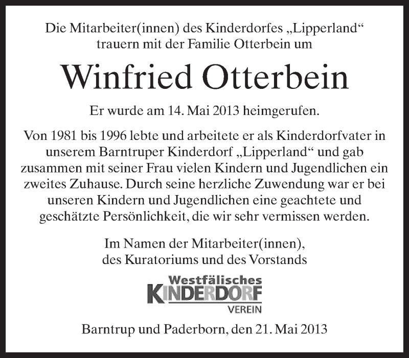  Traueranzeige für Winfried Otterbein vom 22.05.2013 aus Lippische Landes-Zeitung