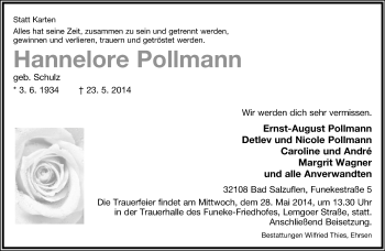 Anzeige  Hannelore Pollmann  Lippische Landes-Zeitung