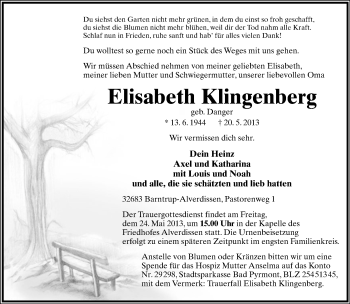 Anzeige  Elisabeth Klingenberg  Lippische Landes-Zeitung