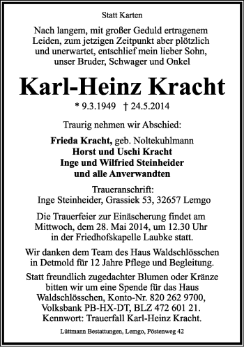 Anzeige  Karl-Heinz Kracht  Lippische Landes-Zeitung