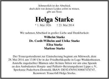 Anzeige  Helga Starke  Lippische Landes-Zeitung