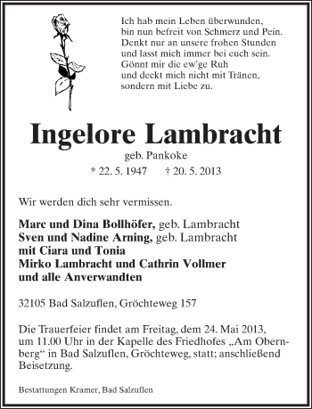 Anzeige  Ingelore Lambracht  Lippische Landes-Zeitung