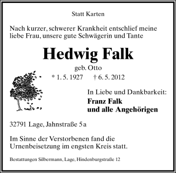 Anzeige  Hedwig Falk  Lippische Landes-Zeitung
