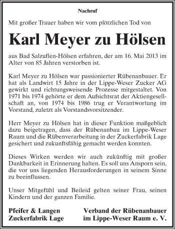 Anzeige  Karl Meyer zu Hölsen  Lippische Landes-Zeitung