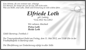 Anzeige  Elfriede Loth  Lippische Landes-Zeitung