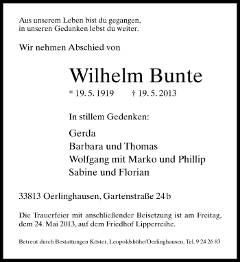 Anzeige  Wilhelm Bunte  Lippische Landes-Zeitung
