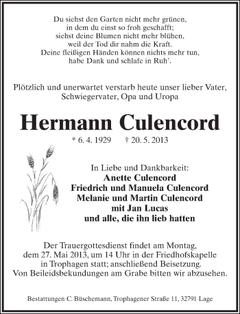 Anzeige  Hermann Culencord  Lippische Landes-Zeitung