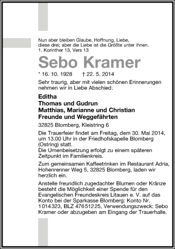 Anzeige  Sebo Kramer  Lippische Landes-Zeitung