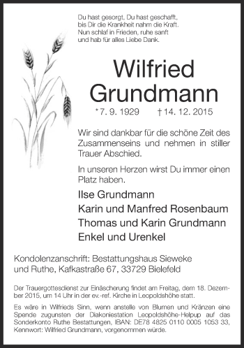 Anzeige  Wilfried Grundmann  Lippische Landes-Zeitung