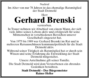 Anzeige  Gerhard Brenski  Lippische Landes-Zeitung