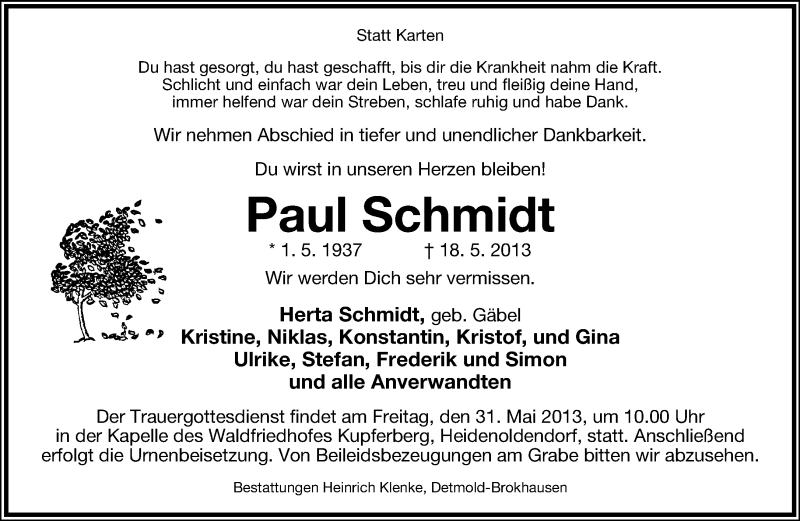  Traueranzeige für Paul Schmidt vom 25.05.2013 aus Lippische Landes-Zeitung