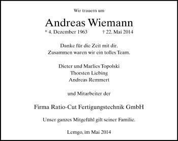 Anzeige  Andreas Wiemann  Lippische Landes-Zeitung