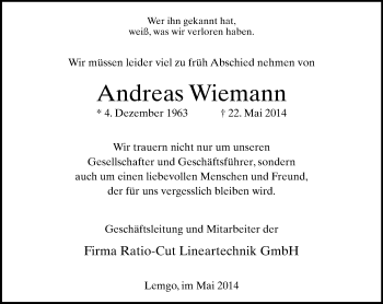 Anzeige  Andreas Wiemann  Lippische Landes-Zeitung