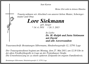 Anzeige  Lore Siekmann  Lippische Landes-Zeitung