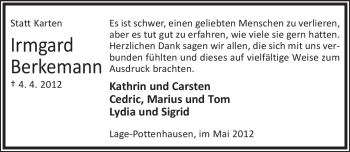 Anzeige  Irmgard Berkemann  Lippische Landes-Zeitung