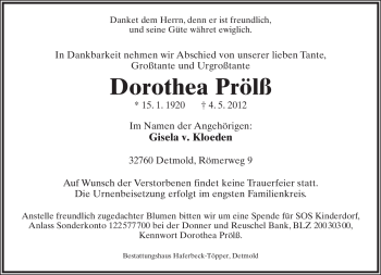 Anzeige  Dorothea Prölß  Lippische Landes-Zeitung