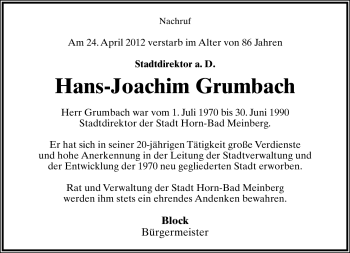 Anzeige  Hans-Joachim Grumbach  Lippische Landes-Zeitung