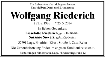 Anzeige  Wolfgang Riederich  Lippische Landes-Zeitung