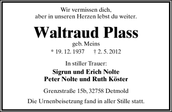 Anzeige  Waltraud Plass  Lippische Landes-Zeitung