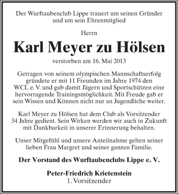 Anzeige  Karl Meyer zu Hölsen  Lippische Landes-Zeitung