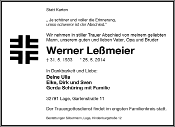 Anzeige  Werner Leßmeier  Lippische Landes-Zeitung