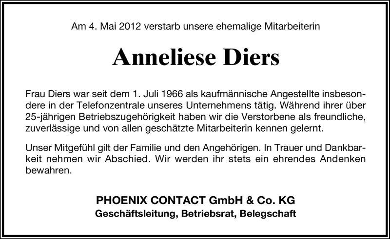  Traueranzeige für Anneliese Diers vom 10.05.2012 aus Lippische Landes-Zeitung