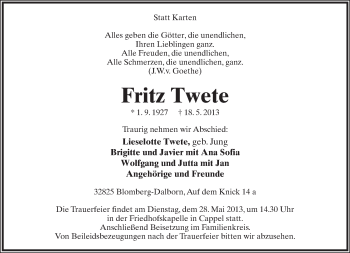 Anzeige  Fritz Twete  Lippische Landes-Zeitung