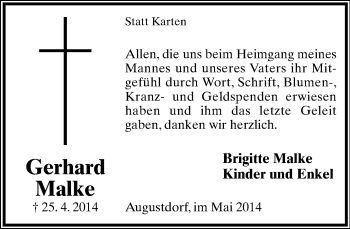 Anzeige  Gerhard Malke  Lippische Landes-Zeitung