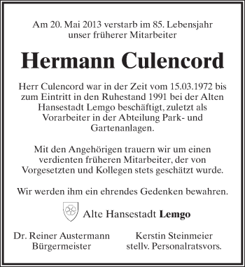 Anzeige  Hermann Culencord  Lippische Landes-Zeitung
