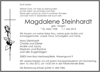 Anzeige  Magdalene Steinhardt  Lippische Landes-Zeitung