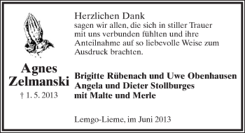 Anzeige  Agnes Zelmanski  Lippische Landes-Zeitung