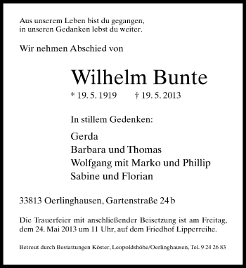 Anzeige  Wilhelm Bunte  Lippische Landes-Zeitung