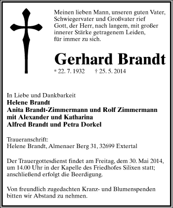 Anzeige  Gerhard Brandt  Lippische Landes-Zeitung