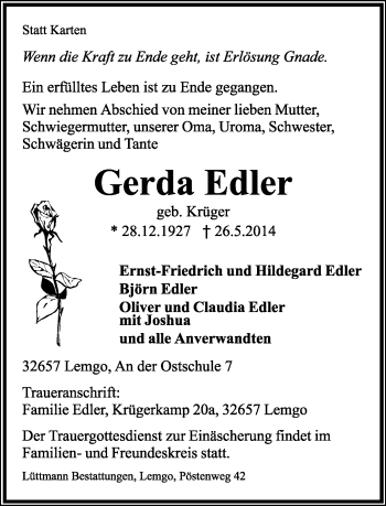 Anzeige  Gerda Edler  Lippische Landes-Zeitung
