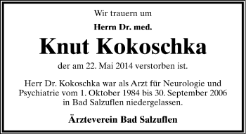 Anzeige  Knut Kokoschka  Lippische Landes-Zeitung