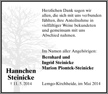 Anzeige  Hannchen Steinicke  Lippische Landes-Zeitung