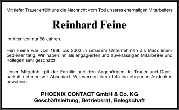 Anzeige  Reinhard Feine  Lippische Landes-Zeitung